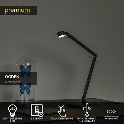 Lucide OGDEN - Bureaulamp - LED 3 StepDim - 1x7W 3000K - Zwart | Premium